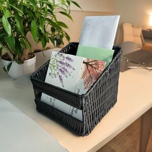 Woven Wicker Rattan Desk Mail Bathroom Organizer Black Shiny 2 Slots 6.3”x 6.3”